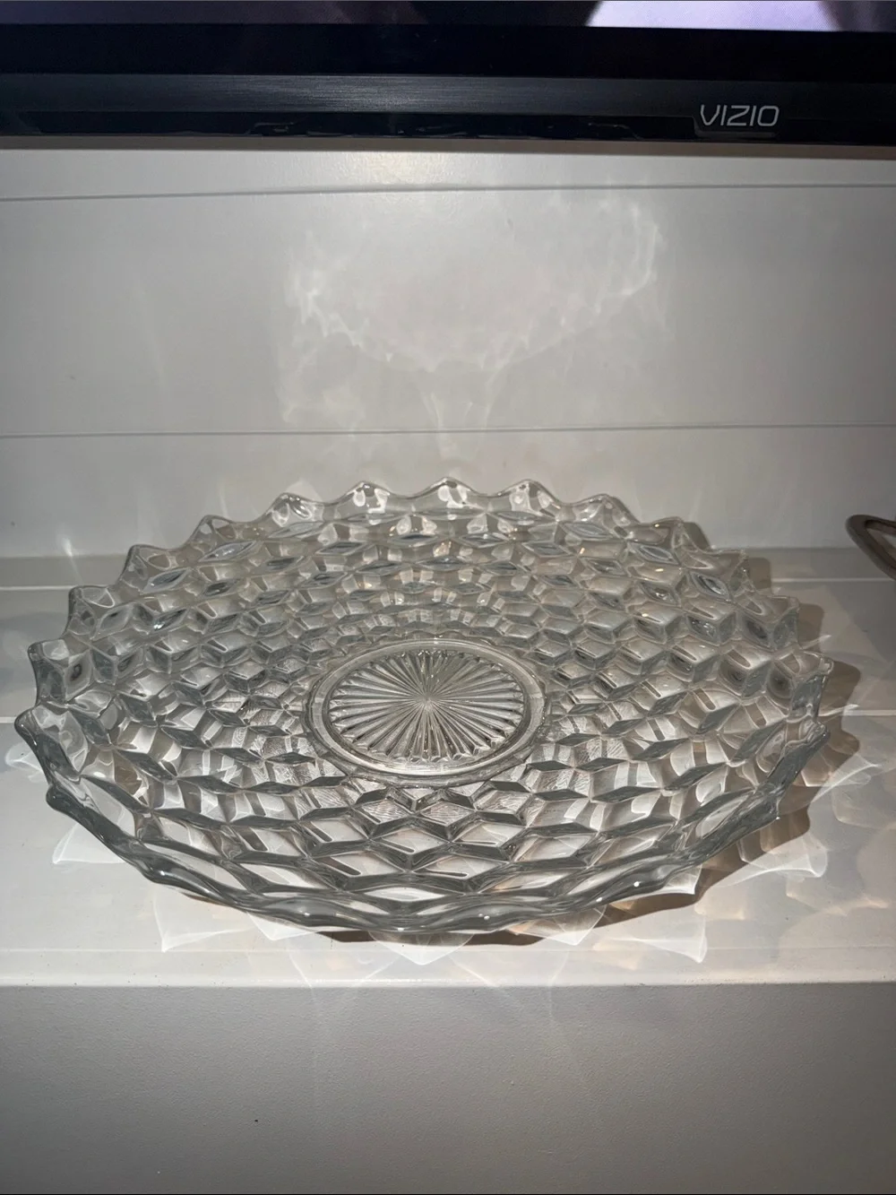 Vintage Clear Pressed Glass Serving Bowl with Diamond Pattern